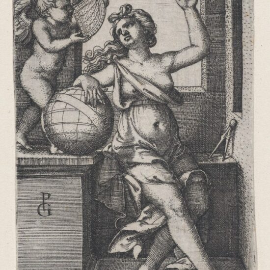 black and white drawing of a woman hand on globe cherub by her side