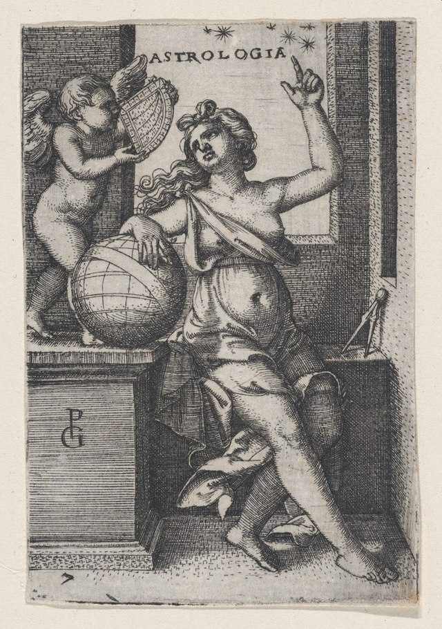 black and white drawing of a woman hand on globe cherub by her side